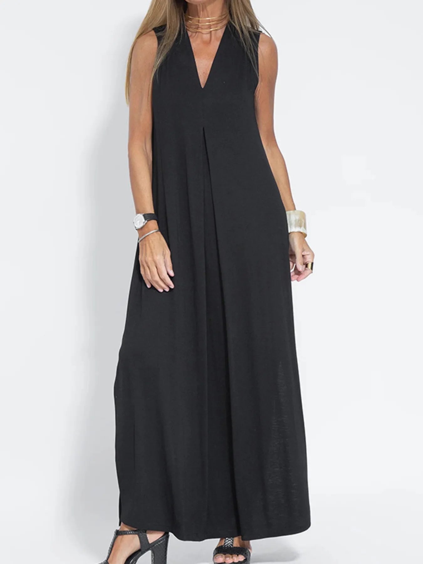 Full Size V - Neck Sleeveless Maxi Dress with Slit Plus Size - adritiX