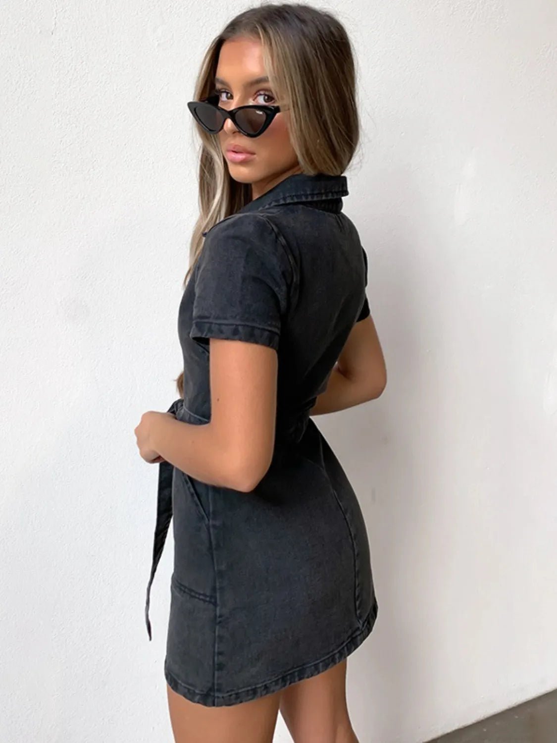 Full Size Zip Front Short Sleeve Denim Dress Plus Size - adritiX