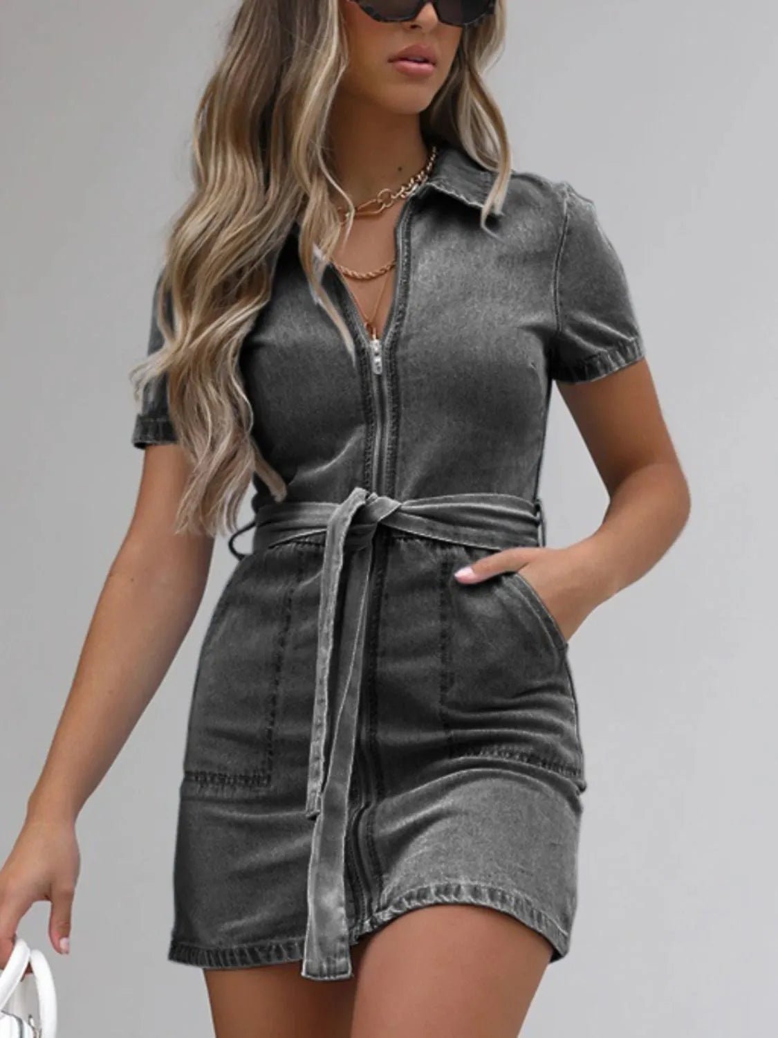 Full Size Zip Front Short Sleeve Denim Dress Plus Size - adritiX