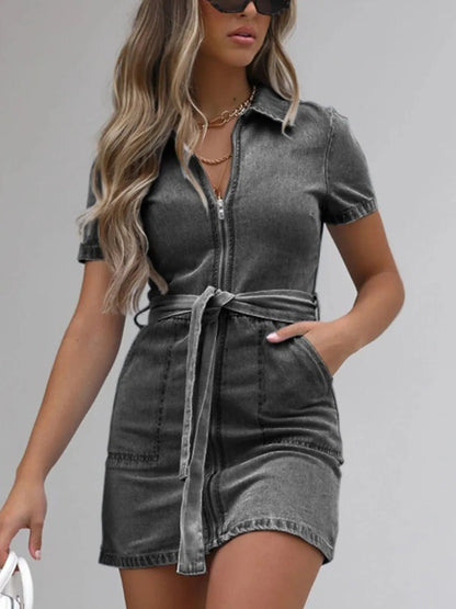 Full Size Zip Front Short Sleeve Denim Dress Plus Size - adritiX