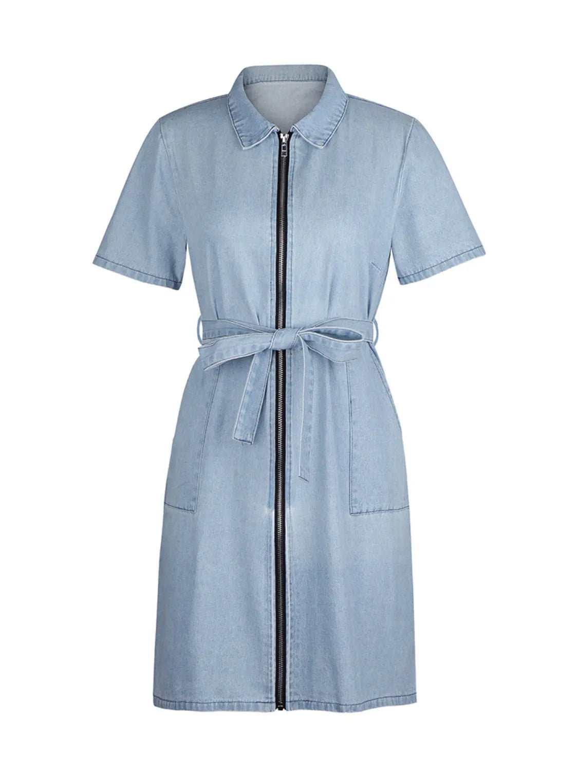 Full Size Zip Front Short Sleeve Denim Dress Plus Size - adritiX