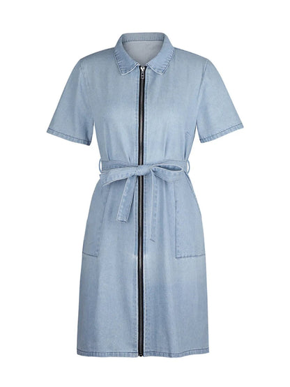 Full Size Zip Front Short Sleeve Denim Dress Plus Size - adritiX