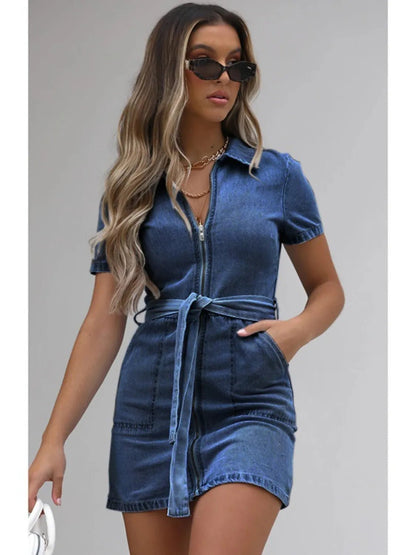 Full Size Zip Front Short Sleeve Denim Dress Plus Size - adritiX