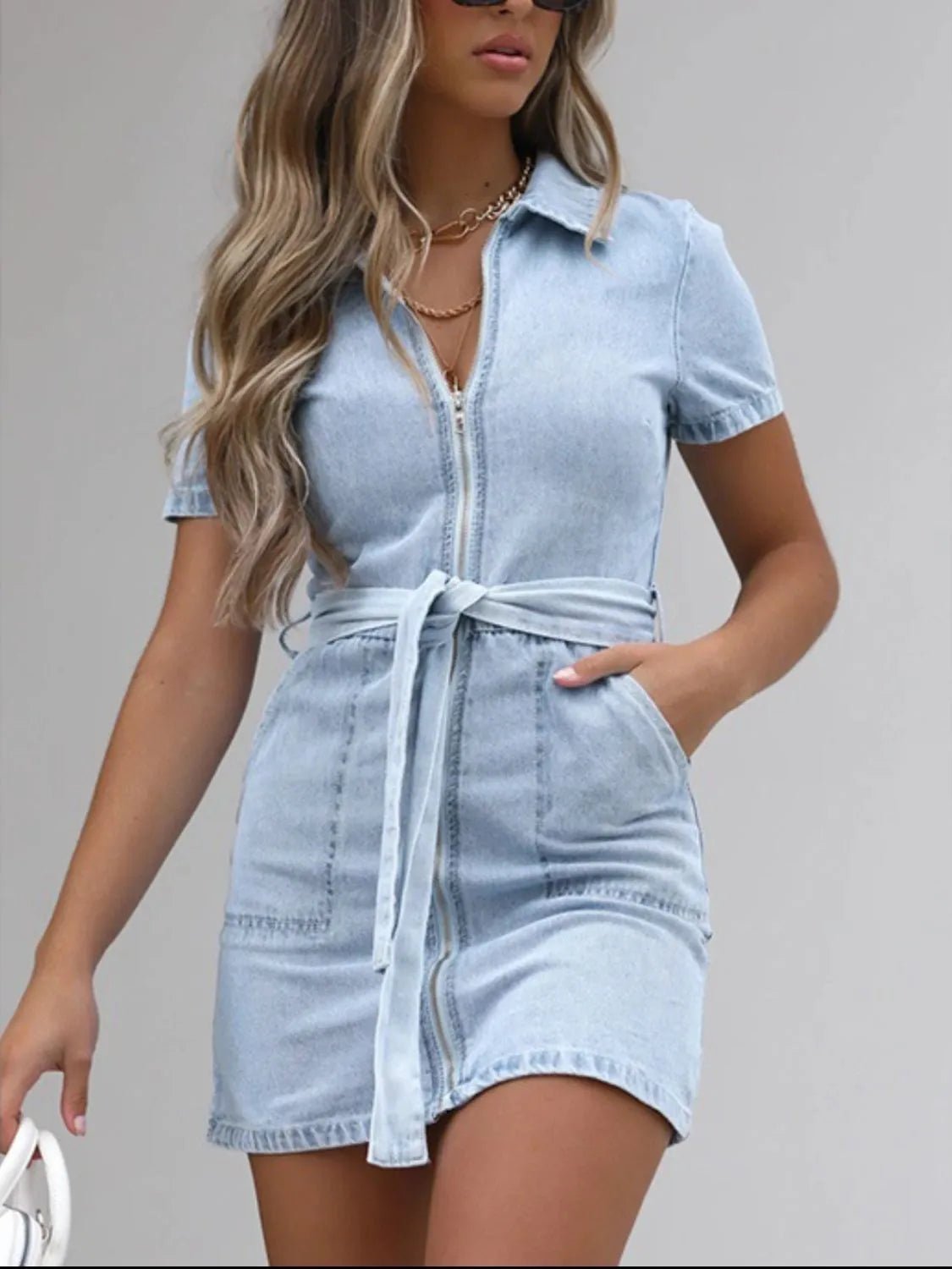 Full Size Zip Front Short Sleeve Denim Dress Plus Size - adritiX