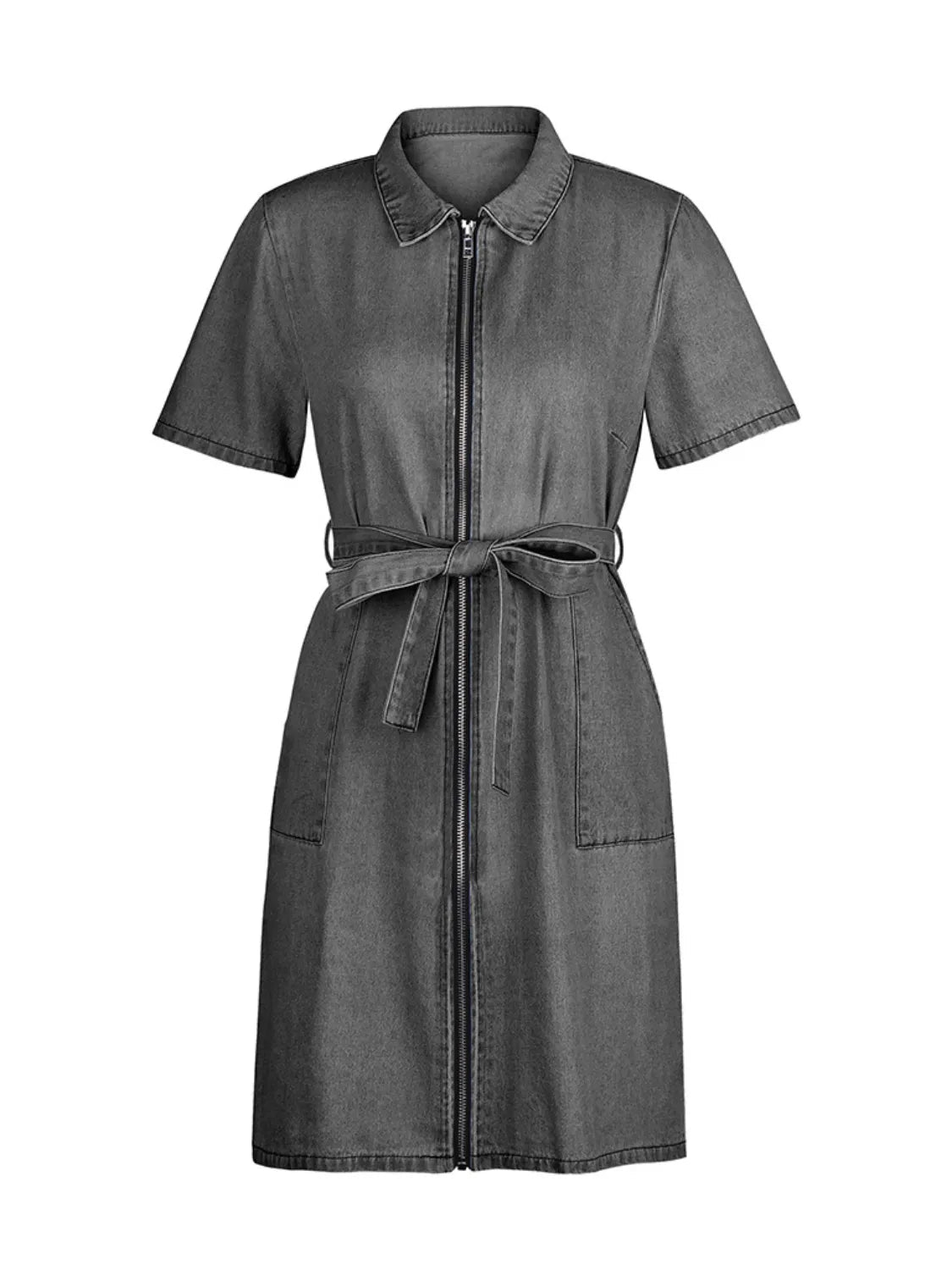 Full Size Zip Front Short Sleeve Denim Dress Plus Size - adritiX