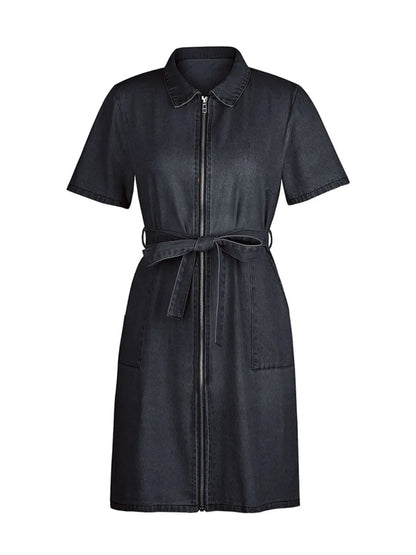 Full Size Zip Front Short Sleeve Denim Dress Plus Size - adritiX