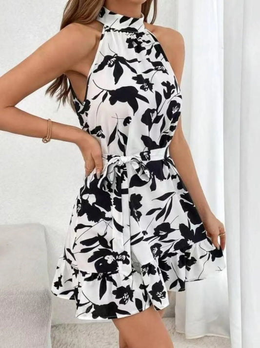 Halter Neck Floral Print Mini Dress - adritiX