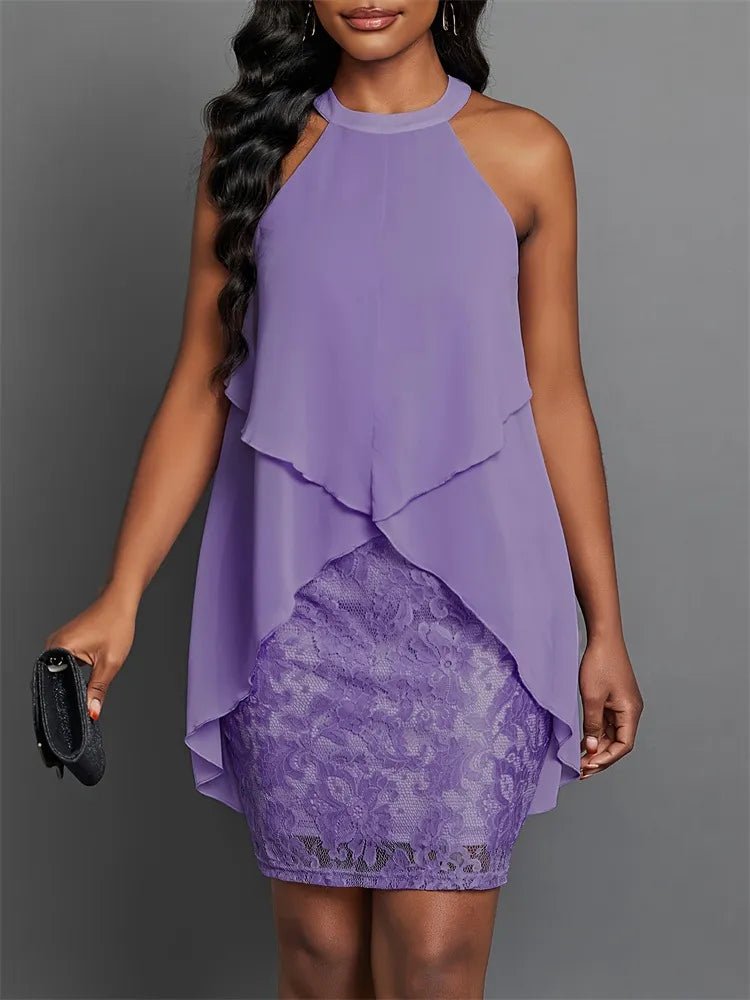 Halter Neck Layered Lace Mini Dress - adritiX