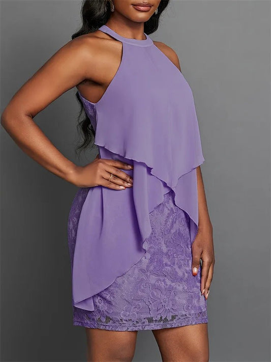 Halter Neck Layered Lace Mini Dress - adritiX