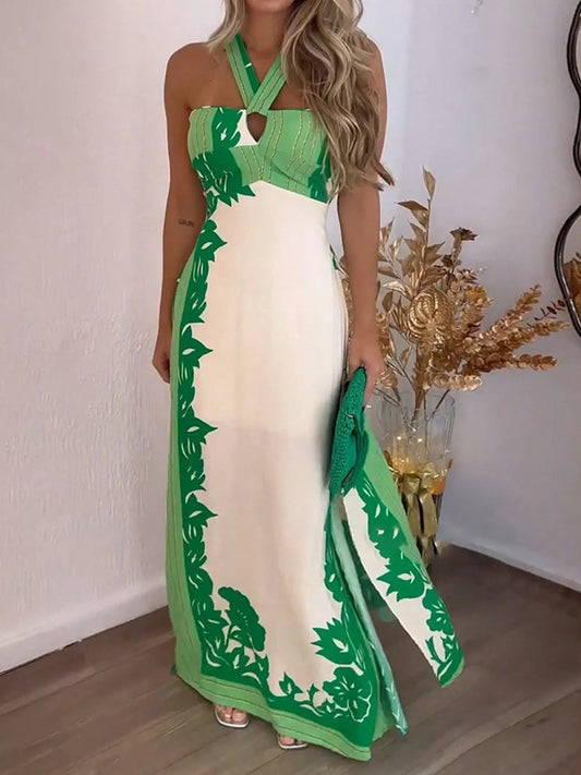 Halter Neck Leaf Print Maxi Dress - adritiX
