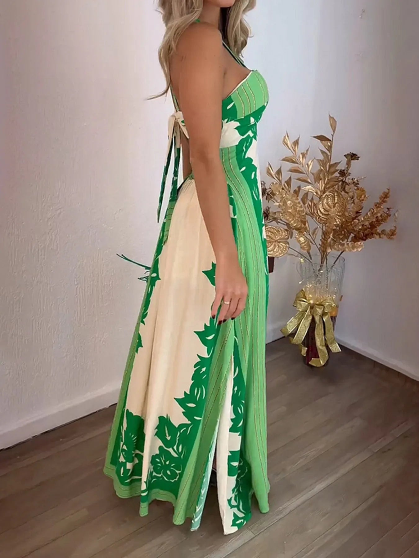 Halter Neck Leaf Print Maxi Dress - adritiX