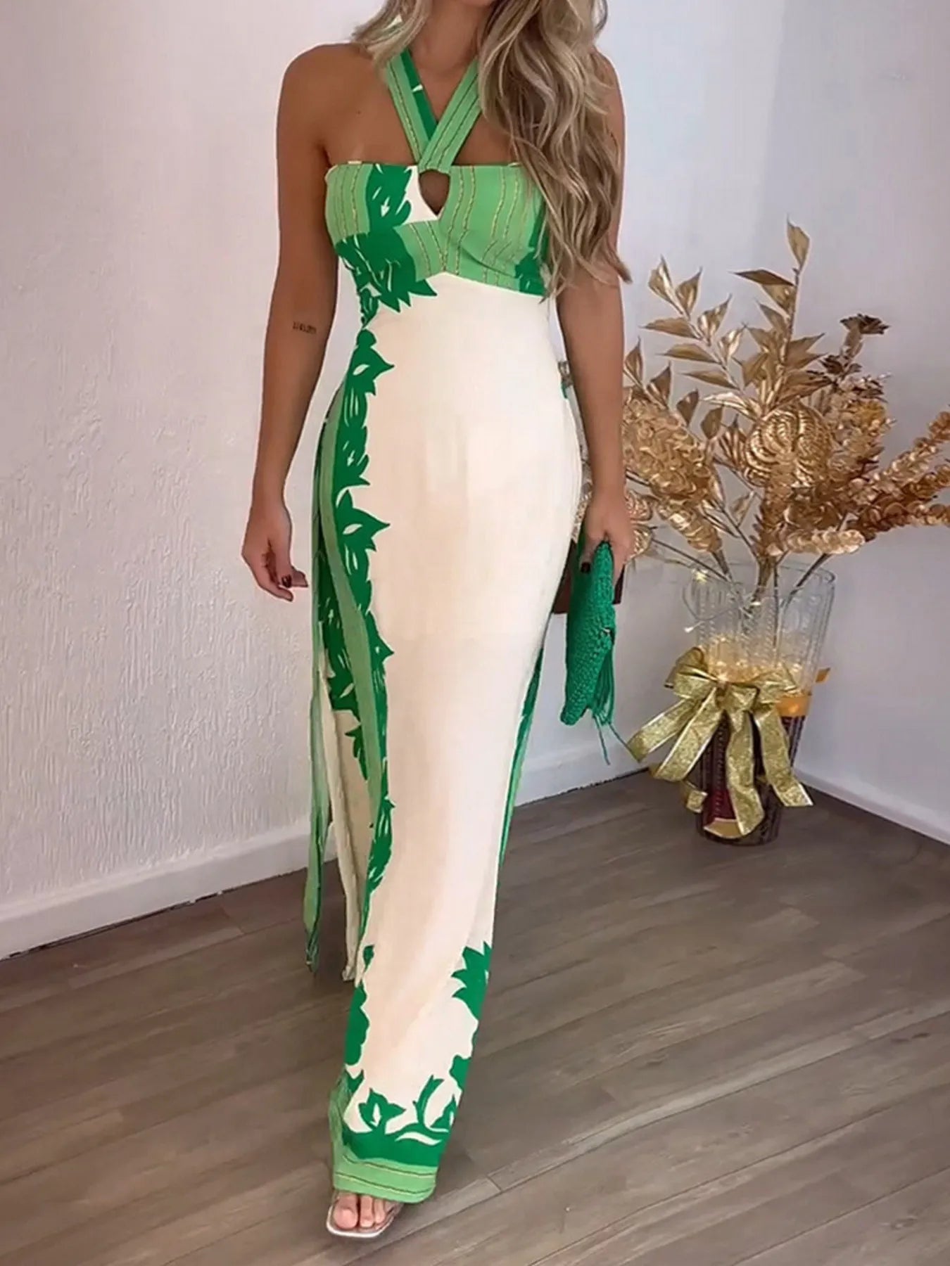 Halter Neck Leaf Print Maxi Dress - adritiX