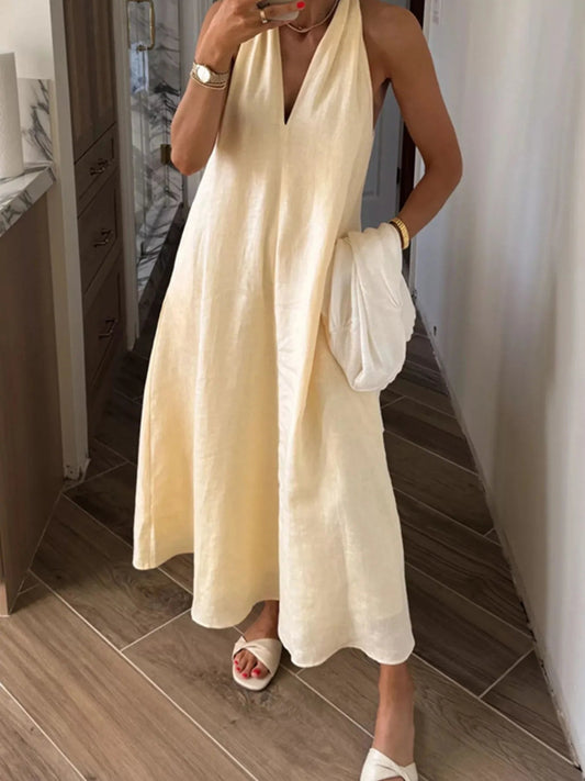 Halter V - Neck Linen Midi Dress - adritiX