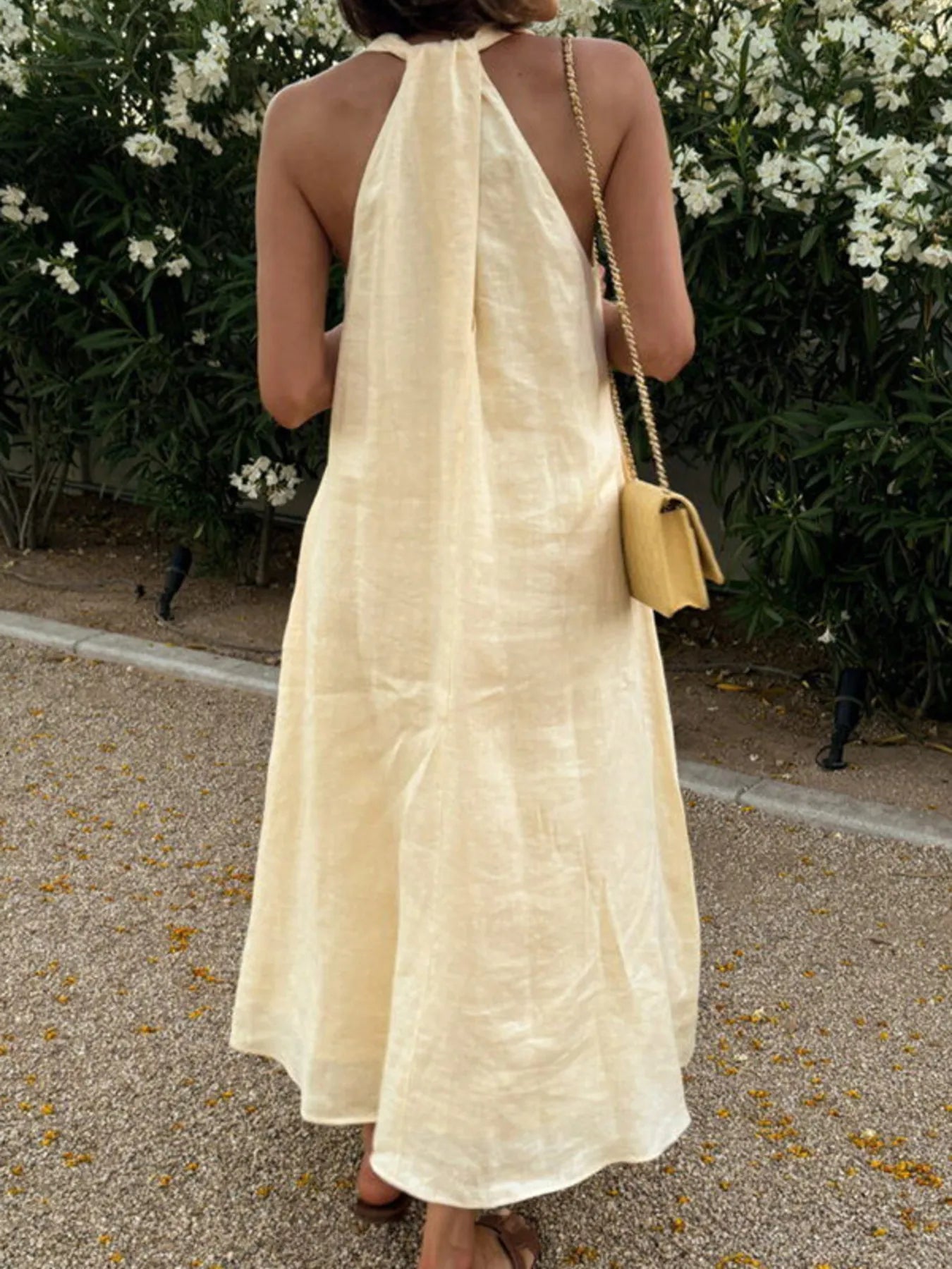 Halter V - Neck Linen Midi Dress - adritiX