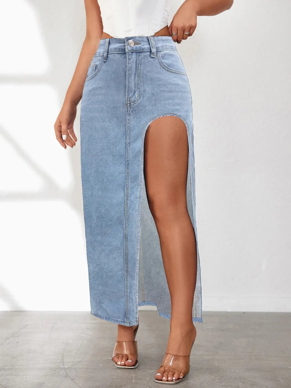 High Rise Slit Denim Skirt - adritiX