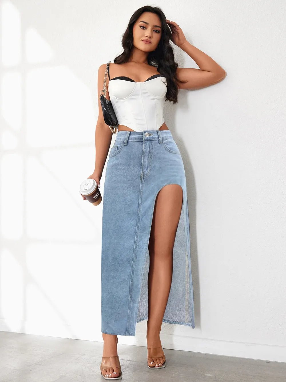 High Rise Slit Denim Skirt - adritiX