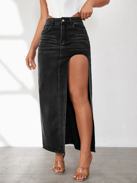 High Rise Slit Denim Skirt - adritiX
