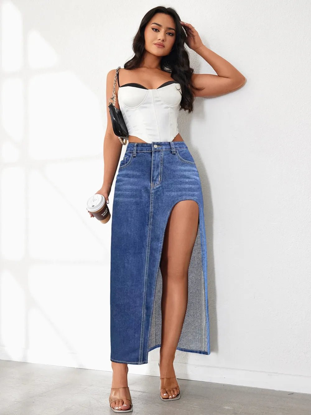 High Rise Slit Denim Skirt - adritiX