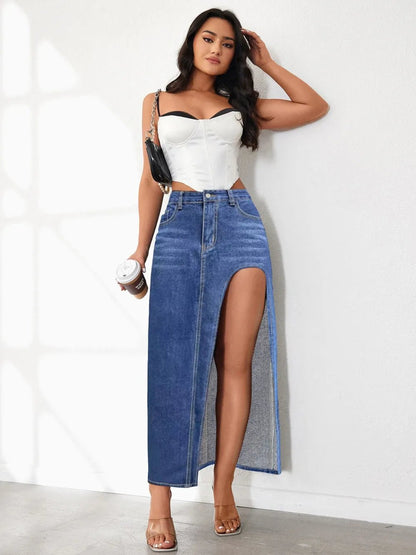 High Rise Slit Denim Skirt - adritiX