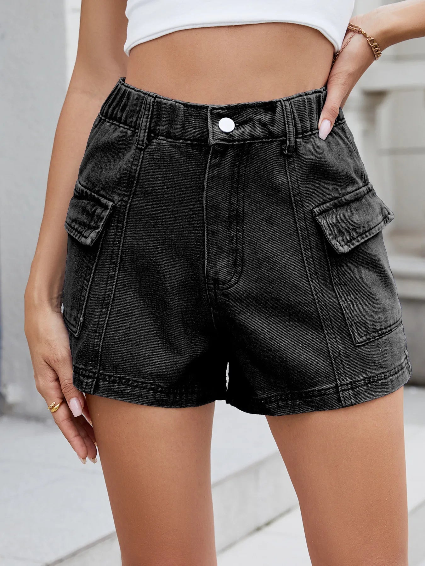 High Waist Cargo Denim Shorts - adritiX