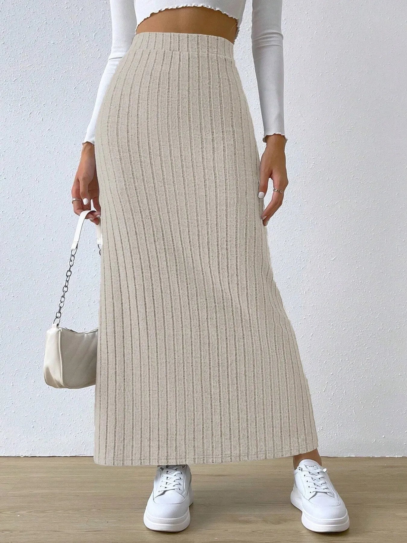 High Waist Ribbed Knit Maxi Skirt - adritiX
