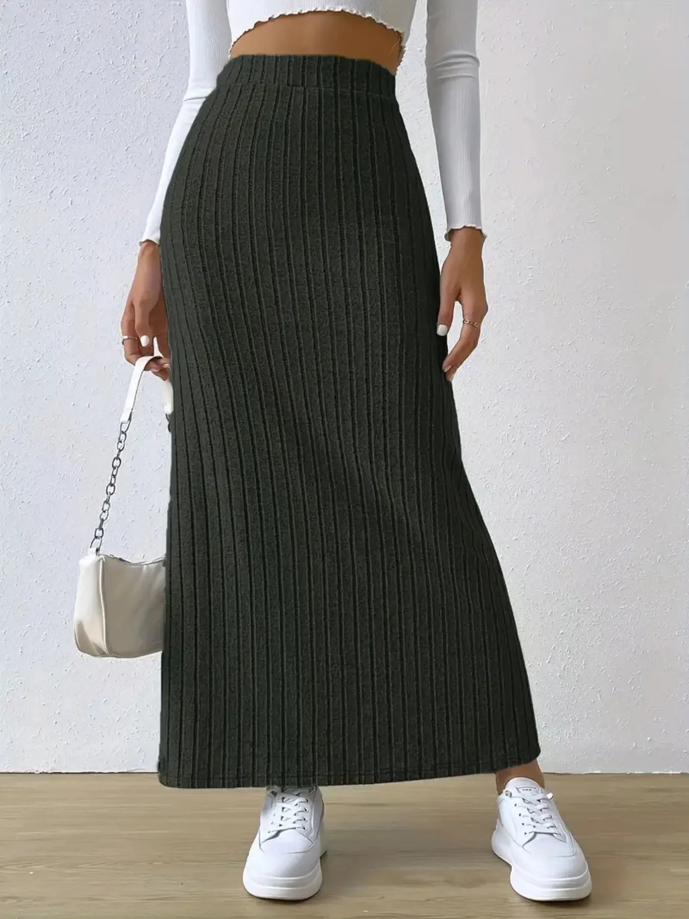 High Waist Ribbed Knit Maxi Skirt - adritiX