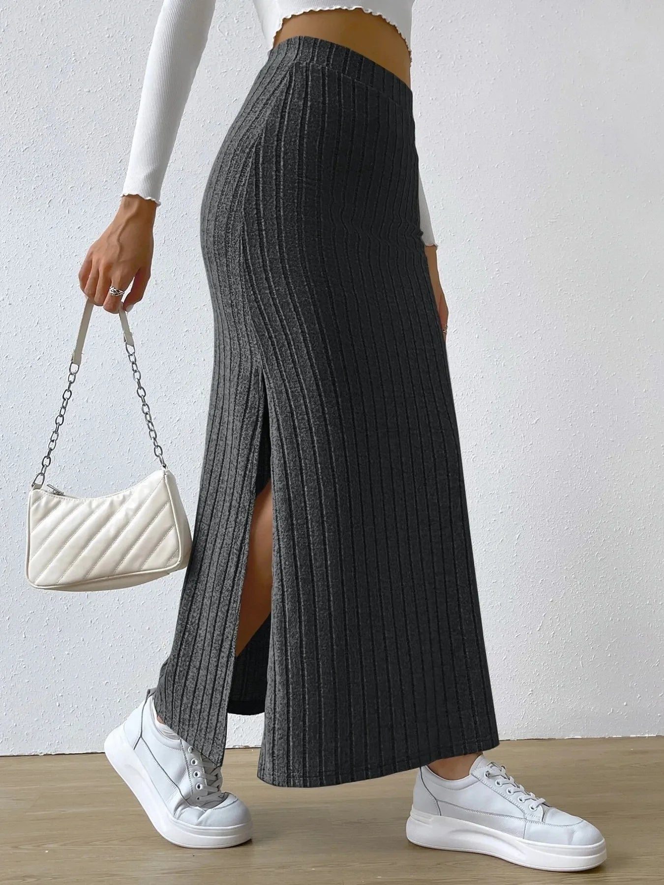 High Waist Ribbed Knit Maxi Skirt - adritiX
