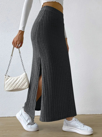 High Waist Ribbed Knit Maxi Skirt - adritiX