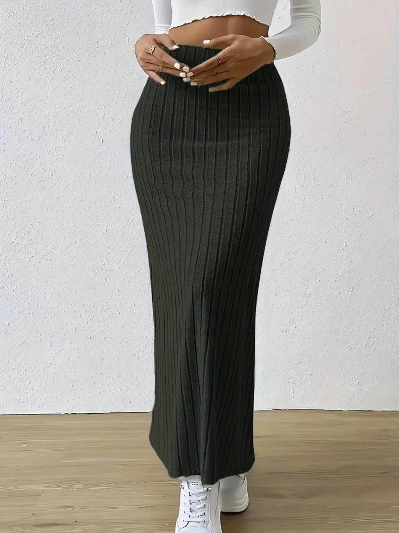High Waist Ribbed Knit Maxi Skirt - adritiX
