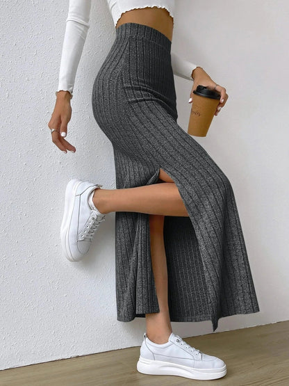 High Waist Ribbed Knit Maxi Skirt - adritiX