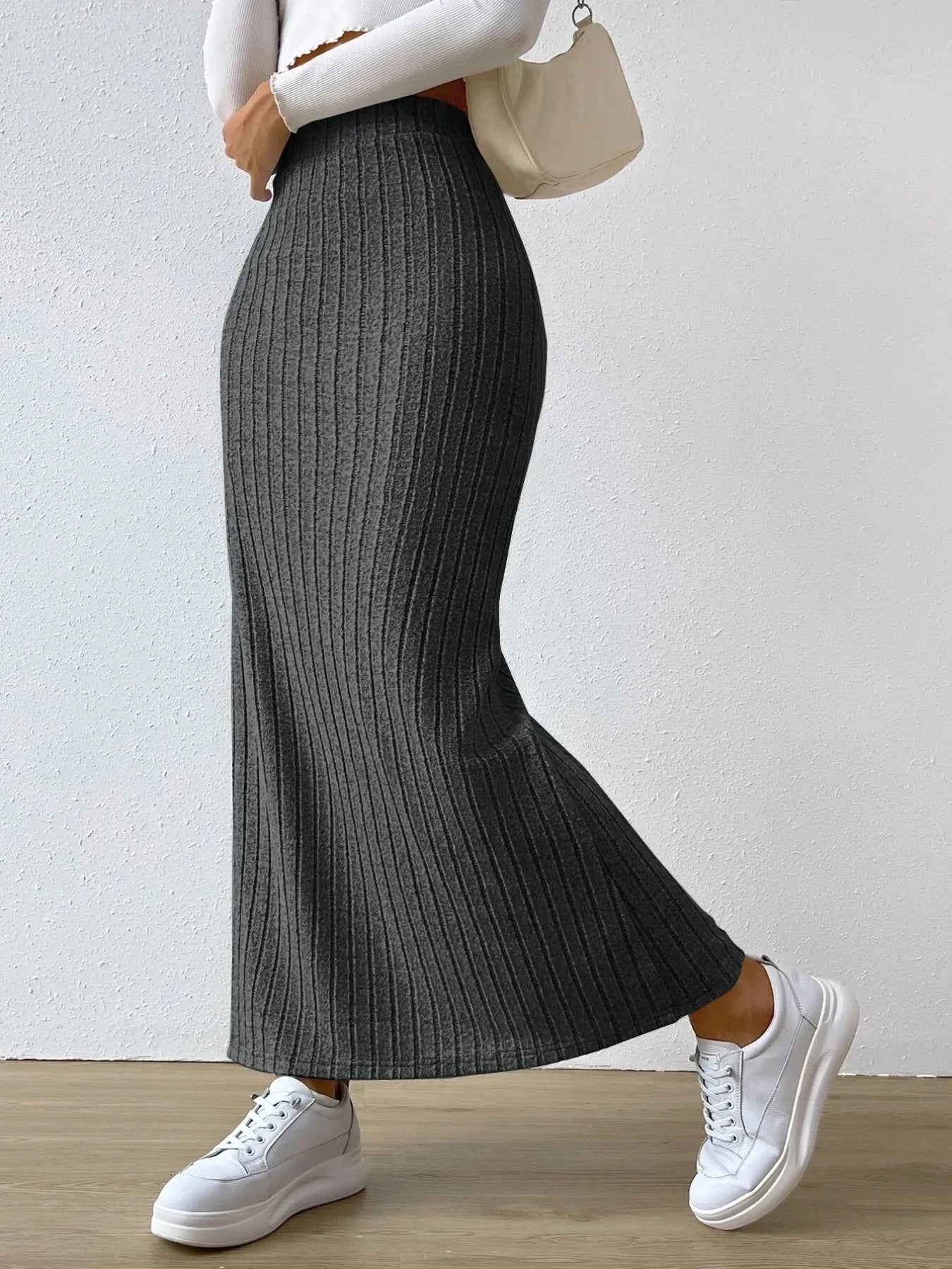 High Waist Ribbed Knit Maxi Skirt - adritiX