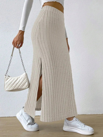 High Waist Ribbed Knit Maxi Skirt - adritiX