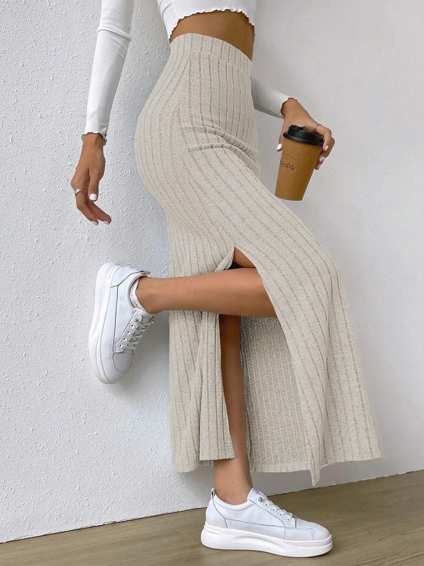 High Waist Ribbed Knit Maxi Skirt - adritiX