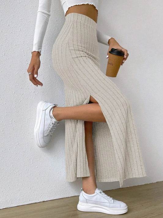 High Waist Ribbed Knit Maxi Skirt - adritiX