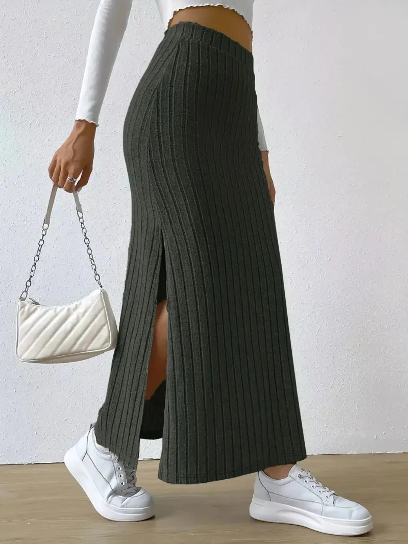 High Waist Ribbed Knit Maxi Skirt - adritiX