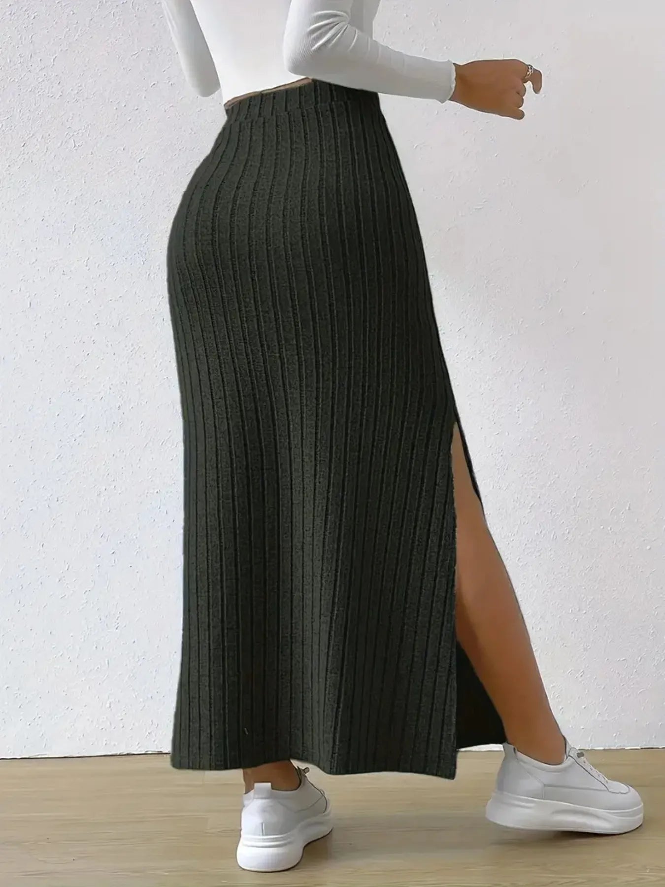 High Waist Ribbed Knit Maxi Skirt - adritiX