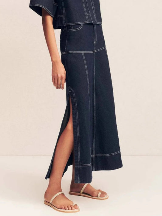 High - Waist Side Slit Contrast Stitch Denim Maxi Skirt - adritiX