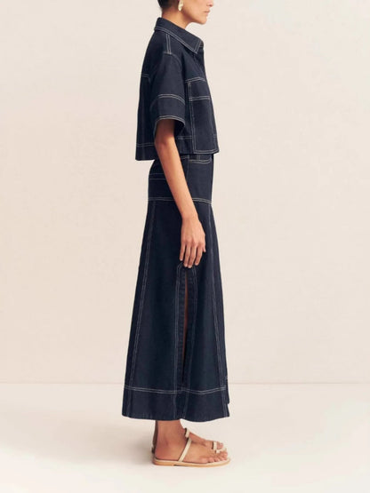 High - Waist Side Slit Contrast Stitch Denim Maxi Skirt - adritiX