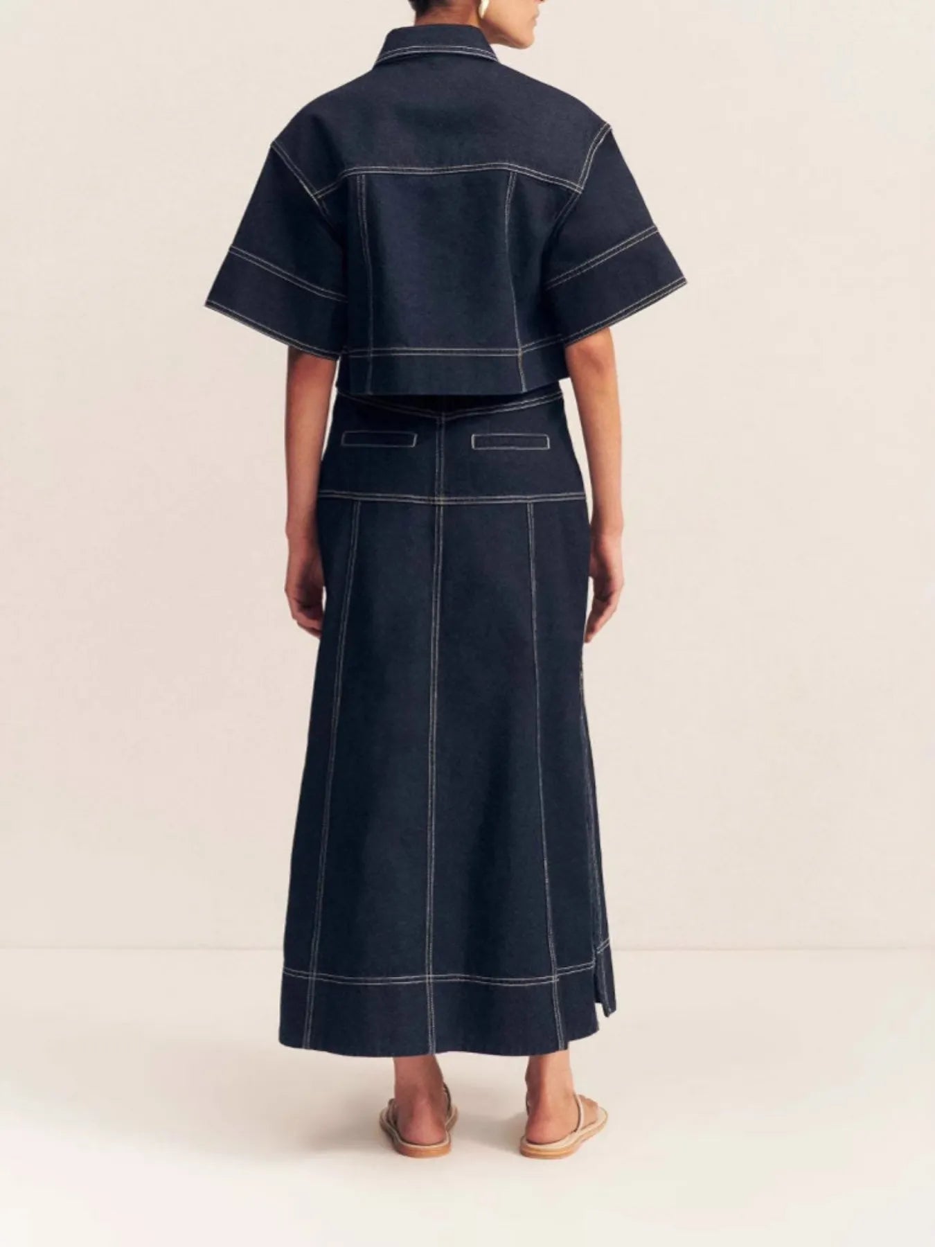 High - Waist Side Slit Contrast Stitch Denim Maxi Skirt - adritiX