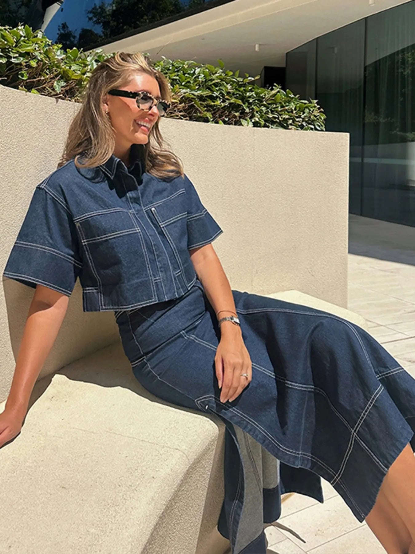High - Waist Side Slit Contrast Stitch Denim Maxi Skirt - adritiX