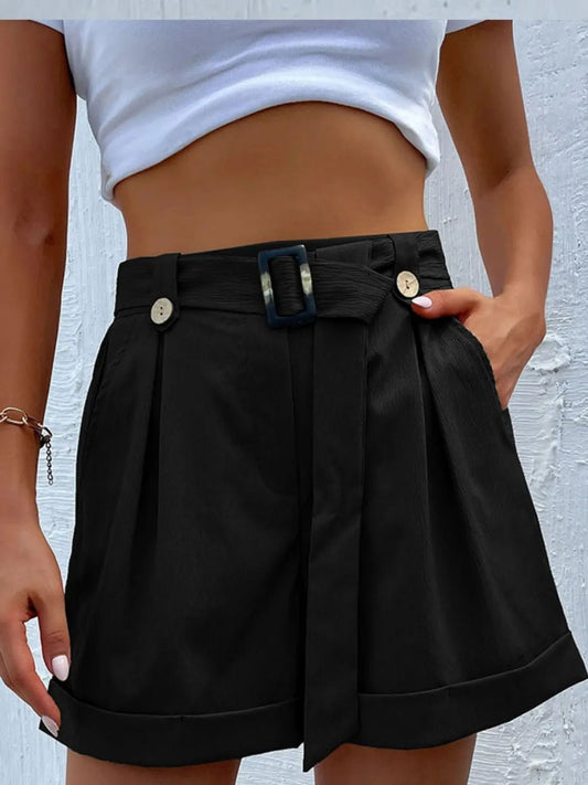 High - Waisted Pleated Shorts with Belt Detail - adritiX