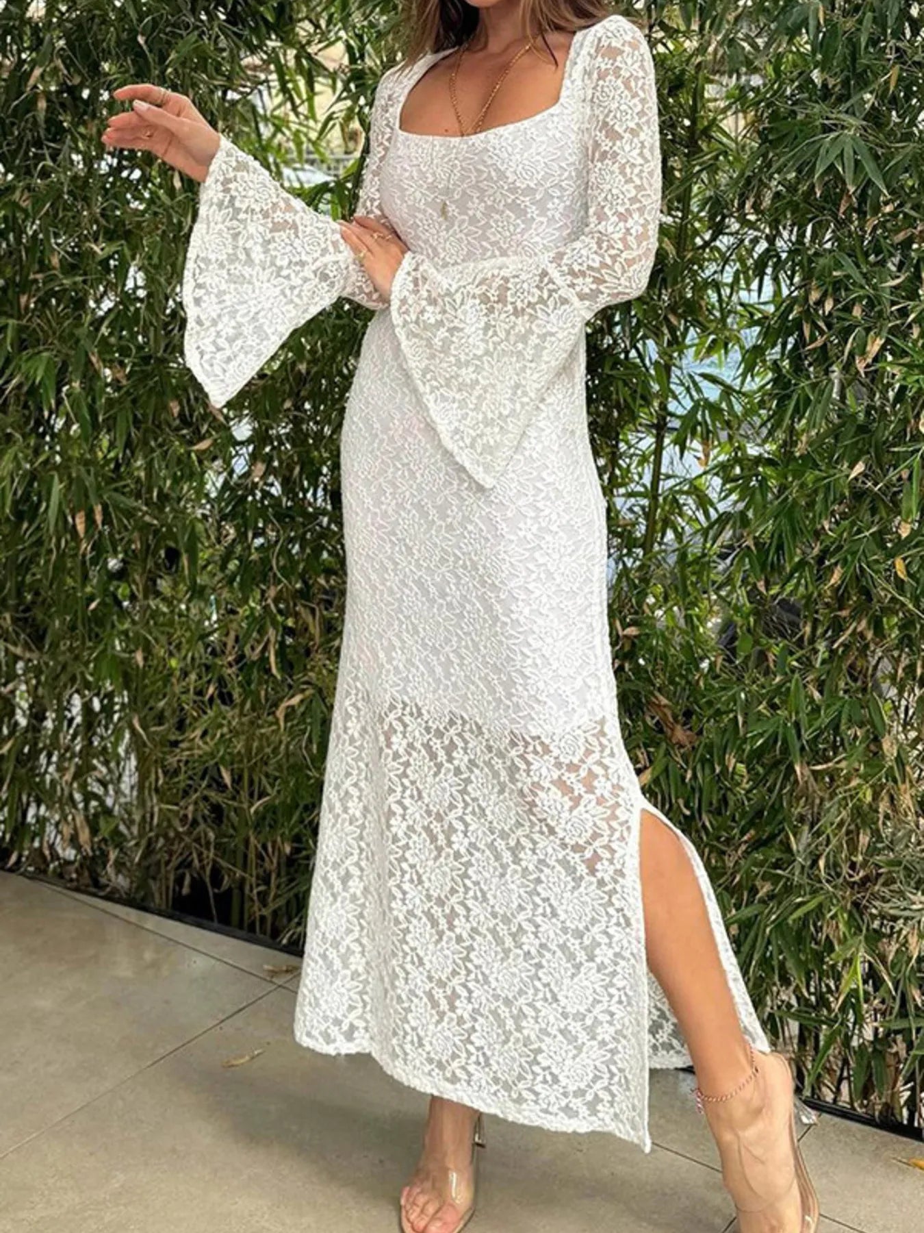 Lace Bell Sleeve Square Neck Bodycon Dress - adritiX