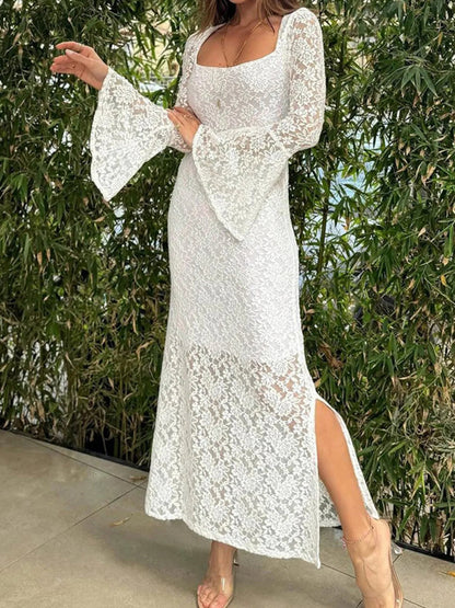 Lace Bell Sleeve Square Neck Bodycon Dress - adritiX