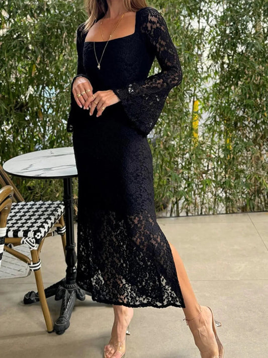 Lace Bell Sleeve Square Neck Bodycon Dress - adritiX