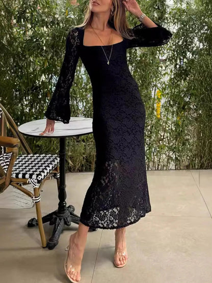 Lace Bell Sleeve Square Neck Bodycon Dress - adritiX