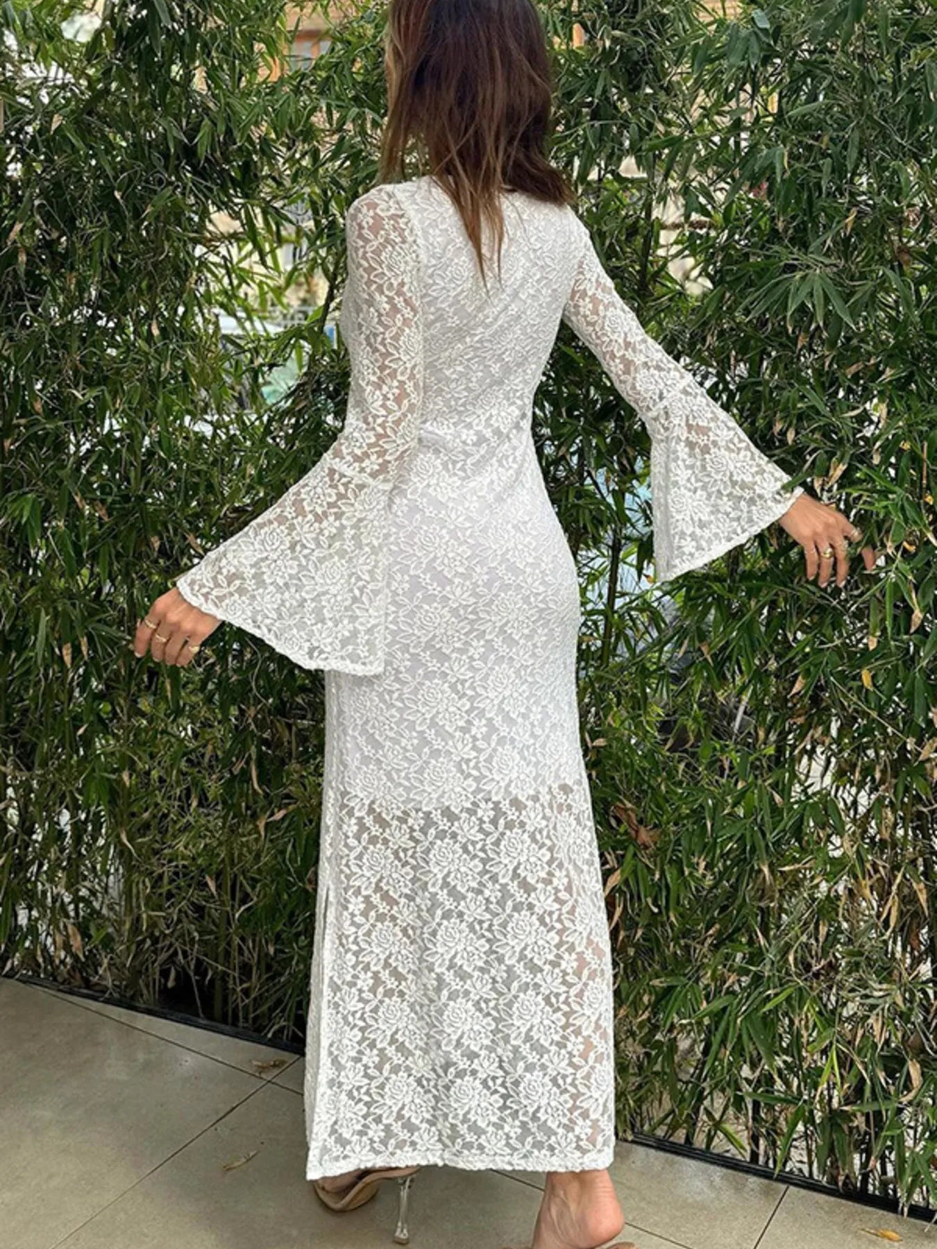 Lace Bell Sleeve Square Neck Bodycon Dress - adritiX