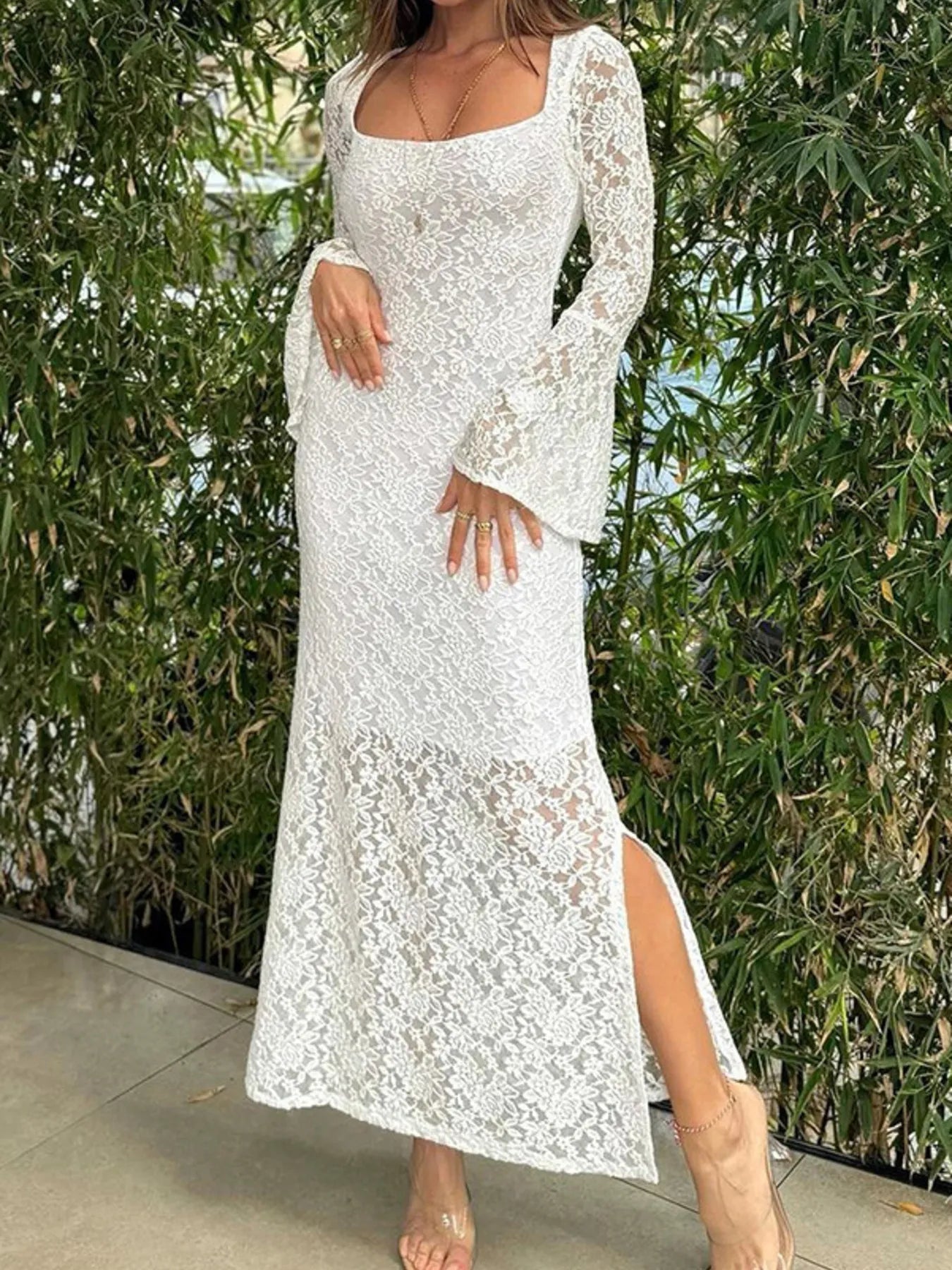 Lace Bell Sleeve Square Neck Bodycon Dress - adritiX