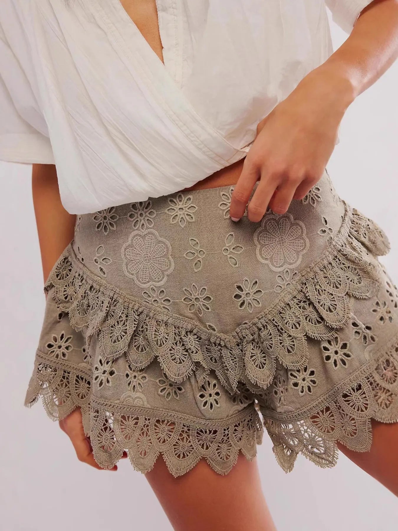 Lace Eyelet Ruffle Hem Shorts - adritiX