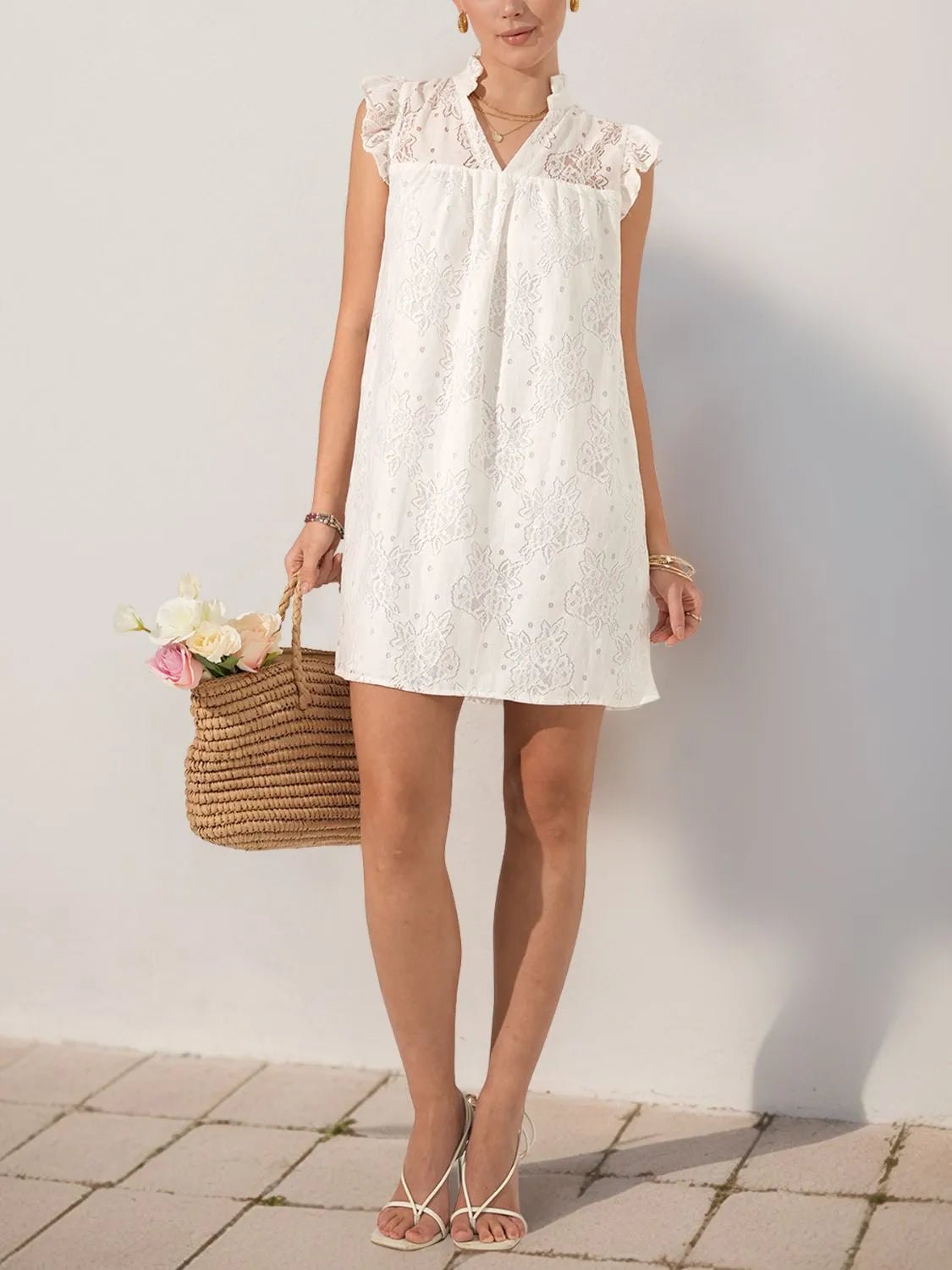 Lace Notched Cap Sleeve Mini Dress - adritiX