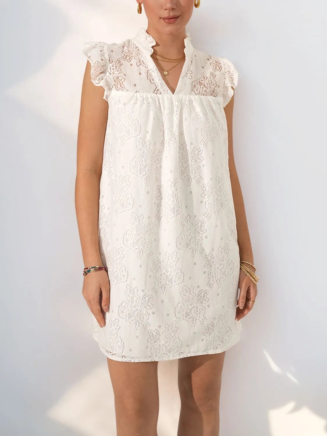 Lace Notched Cap Sleeve Mini Dress - adritiX